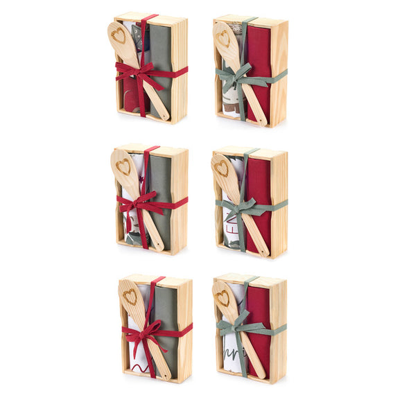 Assortimento S/2 strofinaccio in cotone con mestolo e scatola in legno – Christmas is coming
